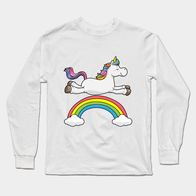 Floating unicorn on a rainbow with clouds Long Sleeve T-Shirt by Markus Schnabel